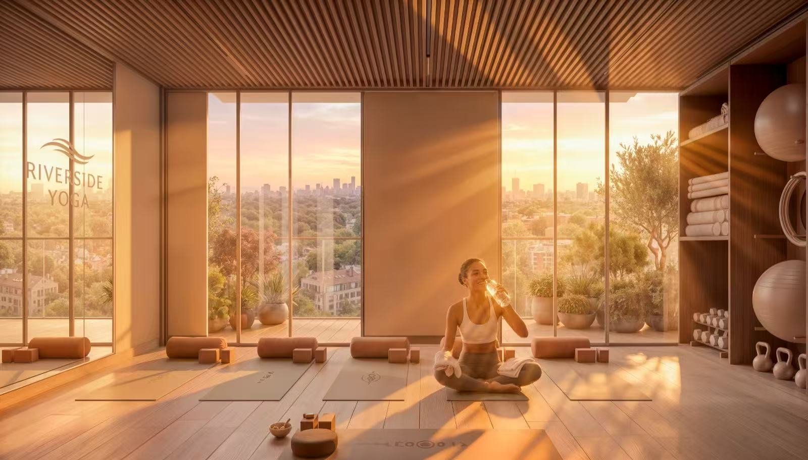 Modern design yoga room at Riverside Times Apartments