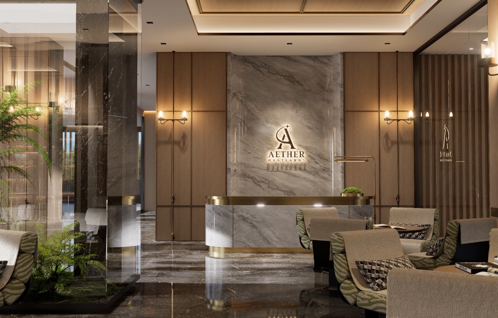 Modern designed lobby area at Aether Residences In Westlands